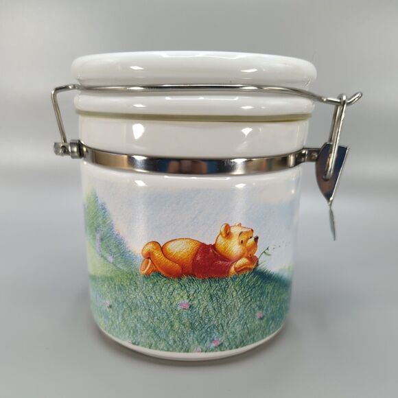 Disney Simply Pooh 6" Latched Lid Ceramic Crock Storage Jar Canister - Picture 1 of 10
